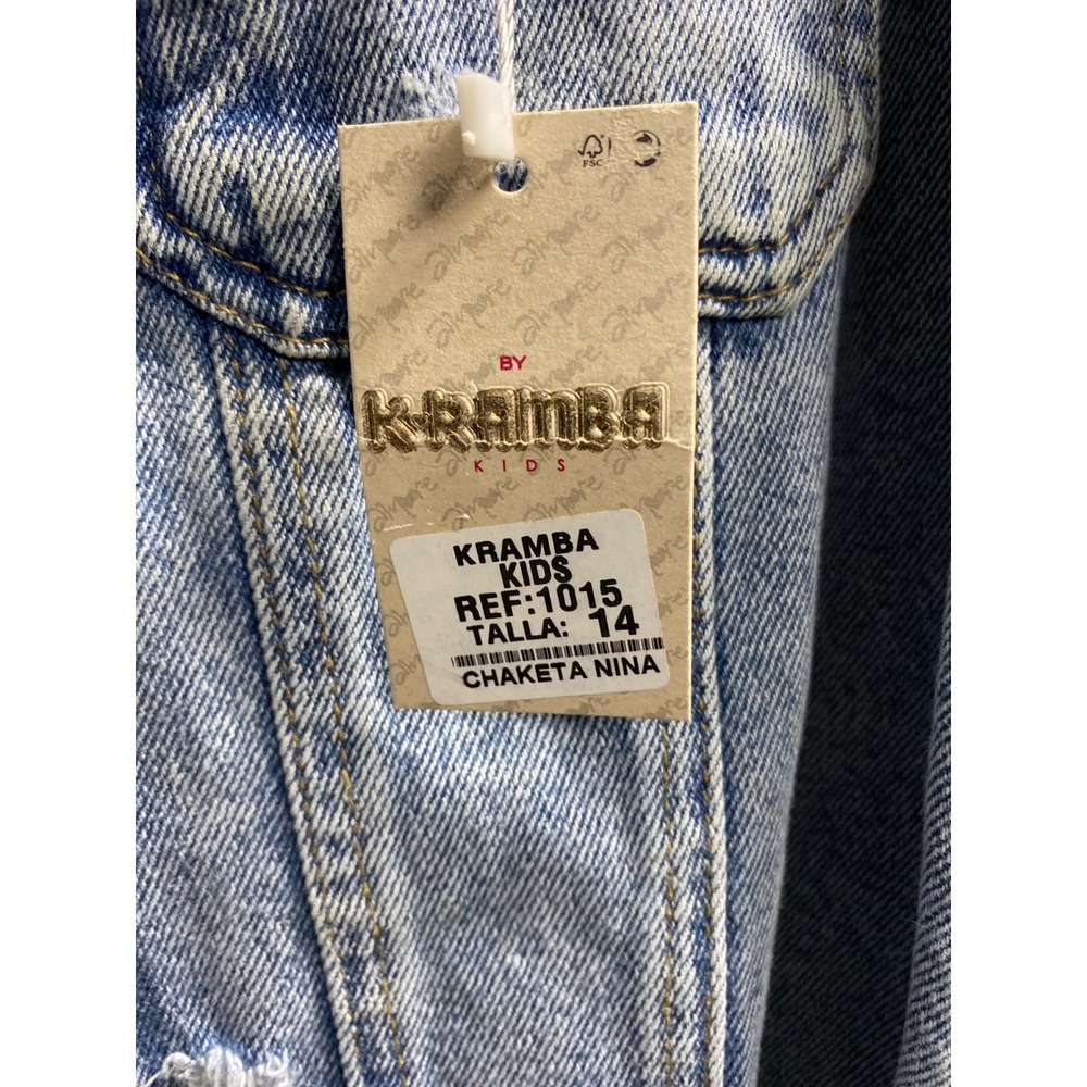 K-Ramba Kids Girls Light Wash Distressed Denim Jacket Raw Hem Size 14 REF:1015 - Picture 3 of 4